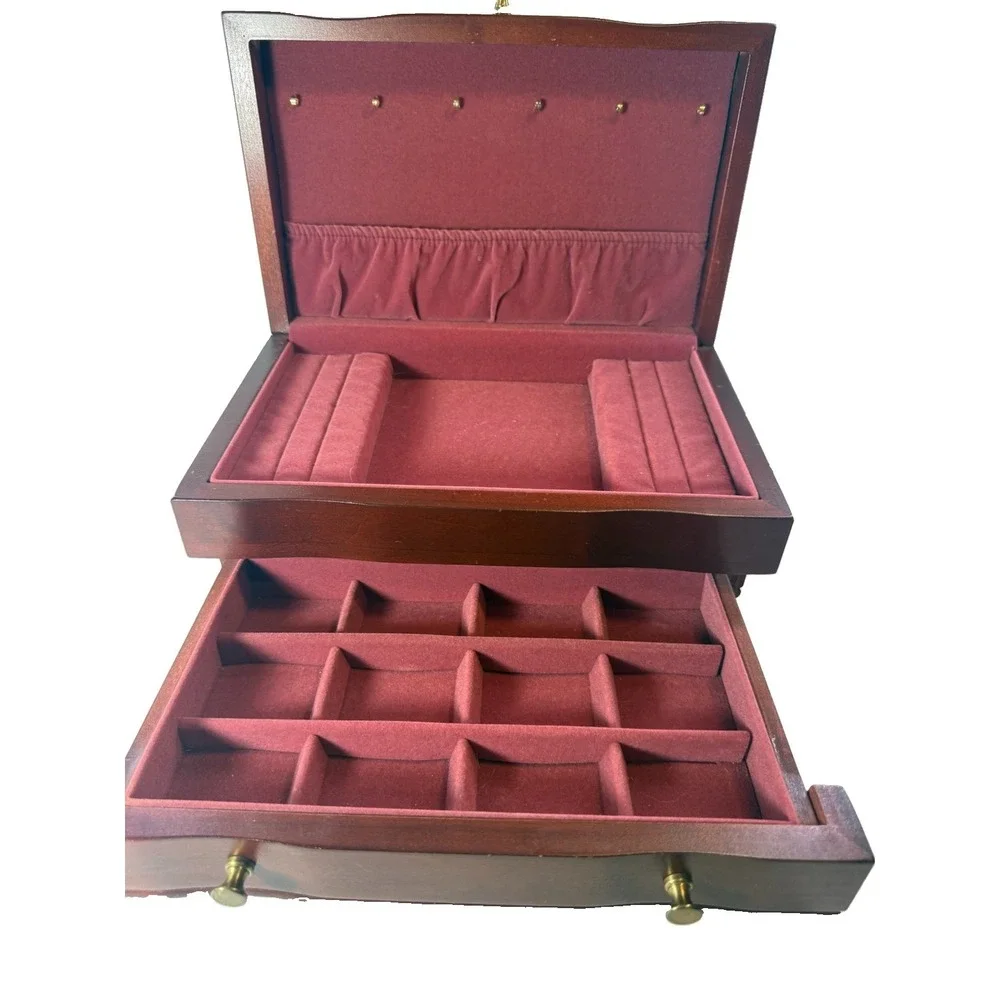 Reed & Barton Eureka Wood Jewelry Box Chest W/Drawer Burgundy Velvet Interior
